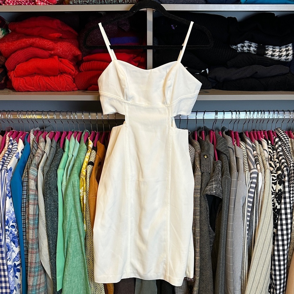 BCBG white adjustable strap back zipper lined side cut outs dress size 6